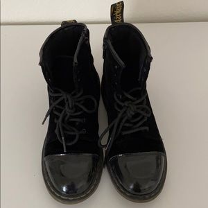 Black Velvet Doc Marten Boots With Patent Toe